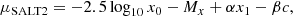 $$ \begin{aligned} \mu _{\rm SALT2}= -2.5\log _{10} x_0 -M_x +\alpha x_1 - \beta c , \end{aligned} $$