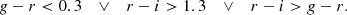 $$ \begin{aligned} g-r < 0.3\quad \vee \quad r-i > 1.3 \quad \vee \quad r-i>g-r . \end{aligned} $$