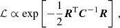 $$ \begin{aligned} \mathcal{L} \propto \exp \left[-\frac{1}{2} \boldsymbol{R}^{\mathrm{T} }\boldsymbol{C}^{-1}\boldsymbol{R}\right] \,, \end{aligned} $$