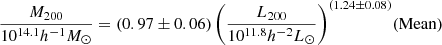 $$ \begin{aligned} \frac{M_{200}}{10^{14.1} h^{-1} M_{\odot }} = (0.97 \pm 0.06) \left( \frac{L_{200}}{10^{11.8} h^{-2} L_{\odot }} \right)^{(1.24 \pm 0.08)}&\mathrm{(Mean)} \end{aligned} $$