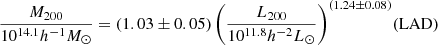 $$ \begin{aligned} \frac{M_{200}}{10^{14.1} h^{-1} M_{\odot }} = (1.03 \pm 0.05) \left( \frac{L_{200}}{10^{11.8} h^{-2} L_{\odot }} \right)^{(1.24 \pm 0.08)}&\mathrm{(LAD)} \end{aligned} $$