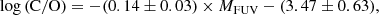 $$ \begin{aligned} \log \mathrm{(C/O)} = -(0.14 \pm 0.03) \times M_{\rm FUV} - (3.47 \pm 0.63), \end{aligned} $$
