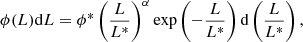 $$ \begin{aligned} \phi (L) \mathrm{d}L = \phi ^{*} \left( \frac{L}{L^{*}} \right) ^{\alpha } \mathrm{exp} \left(- \frac{L}{L^{*}} \right) \mathrm{d}\left(\frac{L}{L^{*}} \right), \end{aligned} $$