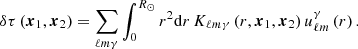 $$ \begin{aligned} \delta \tau \left(\boldsymbol{x}_{1},\boldsymbol{x}_{2}\right)=\sum _{\ell m \gamma }\int _0^{R_\odot } r^{2}\mathrm{d}r\,K_{\ell m\gamma }\left(r,\boldsymbol{x}_{1},\boldsymbol{x}_{2}\right)u_{\ell m}^{\gamma }\left(r\right). \end{aligned} $$
