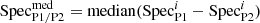 $ {\rm Spec}^\mathrm{med}_\mathrm{P1/P2} = {\rm median}({\rm Spec}_\mathrm{P1}^i - {\rm Spec}_\mathrm{P2}^i) $