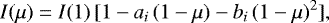 \begin{equation*}I(\mu)=I(1)\,[1-a_i\,(1-\mu)-b_i\,(1-\mu)^2],\end{equation*}