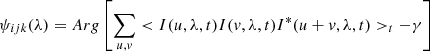 $$ \begin{aligned} \psi _{ijk}(\lambda )=Arg\left[\sum _{u,v} <I(u,\lambda ,t)I(v,\lambda ,t)I^*(u+v,\lambda ,t)>_t-\gamma \right] \end{aligned} $$