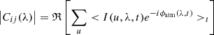 $$ \begin{aligned} \left|C_{ij}(\lambda )\right|=\mathfrak{R} \left[\sum _u<I(u,\lambda ,t) e^{-i\phi _{\rm atm}(\lambda ,t)}>_t\right] \end{aligned} $$