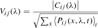 $$ \begin{aligned} V_{ij}(\lambda )=\frac{\left|C_{ij}(\lambda )\right|}{\sqrt{\sum _x \left<P_{ij}(x,\lambda ,t)\right>_t}} \end{aligned} $$