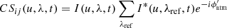 $$ \begin{aligned} CS_{ij}(u,\lambda ,t)=I(u,\lambda ,t)\sum _{\lambda _{\rm ref}}I^*(u,\lambda _{\rm ref},t) e^{-i\phi ^\prime _{\rm atm}} \end{aligned} $$