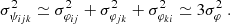 $$ \begin{aligned} \sigma ^2_{\psi _{ijk}}\simeq \sigma ^2_{\varphi _{ij}}+\sigma ^2_{\varphi _{jk}}+\sigma ^2_{\varphi _{ki}}\simeq 3 \sigma ^2_{\varphi }\ . \end{aligned} $$