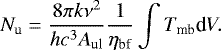 \begin{equation*}N_{\textrm{u}} = \frac{8 \pi k \nu^{2}}{h c^{3} A_{\textrm{ul}}} \frac{1}{\eta_{\textrm{bf}}} \int T_{\textrm{mb}} \textrm{d}V.\end{equation*}