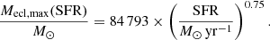 $$ \begin{aligned} \frac{M_{\rm ecl,max}(\mathrm{SFR})}{M_\odot } = 84\,793 \times \left(\frac{\mathrm{SFR}}{M_\odot \,\mathrm{yr^{-1}}}\right)^{0.75}. \end{aligned} $$