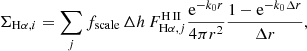 $$ \begin{aligned} \Sigma _{\mathrm{H\alpha },i} = \sum _j f_{\rm scale} \, \Delta h \, F_{\mathrm{H\alpha },j}^\mathrm{H\,{\small{\text{II}}}} \frac{\mathrm{e}^{-k_{0} r}}{4 \pi r^2}\frac{1-\mathrm{e}^{-k_{0} \Delta r}}{\Delta r}, \end{aligned} $$