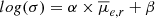 $$ \begin{aligned} log(\sigma )=\alpha \times \overline{\mu }_{e,r} + \beta \end{aligned} $$