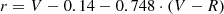 $$ \begin{aligned}&r = V - 0.14 - 0.748 \cdot (V-R) \end{aligned} $$