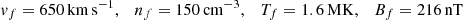 $$ \begin{aligned} { v}_f = 650\,\mathrm{km\, s}^{-1}, \quad n_f = 150\,\mathrm{cm}^{-3}, \quad T_f = 1.6\, \mathrm{MK}, \quad B_f = 216 \,\mathrm{nT} \end{aligned} $$