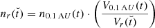 $$ \begin{aligned}&n_r(\breve{t}) = n_{0.1\,\mathrm AU}(t) \cdot \left(\frac{V_{0.1\,\mathrm AU}(t)}{V_r(\breve{t})}\right) \end{aligned} $$