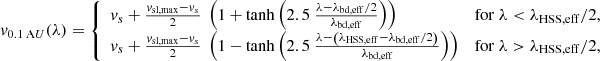 $$ \begin{aligned} { v}_{0.1\,\mathrm AU}(\lambda ) = {\left\{ \begin{array}{ll} { v}_s + \frac{{ v}_{\rm sl,max} - { v}_s}{2}\ \left(1 + \tanh { \left( 2.5\ \frac{\lambda - \lambda _{\rm bd,eff}/2}{\lambda _{\rm bd,eff}}\right)} \right)&\mathrm{for}\ \lambda < \lambda _{\rm HSS,eff}/2 , \\ { v}_s + \frac{{ v}_{\rm sl,max} - { v}_s}{2}\ \left(1 - \tanh { \left( 2.5\ \frac{\lambda - \left( \lambda _{\rm HSS,eff} - \lambda _{\rm bd,eff}/2 \right)}{\lambda _{\rm bd,eff}}\right)} \right)&\mathrm{for}\ \lambda > \lambda _{\rm HSS,eff}/2 , \end{array}\right.} \end{aligned} $$