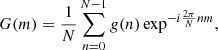 $$ \begin{aligned} G(m) = \frac{1}{N} \sum _{n=0}^{N-1} {g}(n) \exp ^{-i \frac{2 \pi }{N} n m}, \end{aligned} $$