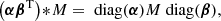 $$ \begin{aligned} \left(\boldsymbol{\alpha }\boldsymbol{\beta }^\mathrm{T}\right) \!*\!M = \text{ diag}(\boldsymbol{\alpha }) M \text{ diag}(\boldsymbol{\beta }), \end{aligned} $$