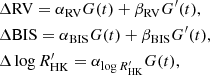 $$ \begin{aligned}&\Delta \mathrm{RV} = \alpha _{\rm RV} G(t) + \beta _{\rm RV} G^\prime (t),\nonumber \\&\Delta \mathrm{BIS} = \alpha _{\rm BIS} G(t) + \beta _{\rm BIS} G^\prime (t),\nonumber \\&\Delta \log R_{\rm HK}^{\prime }= \alpha _{\log R_{\rm HK}^{\prime }} G(t), \end{aligned} $$