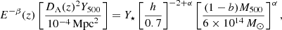 $$ \begin{aligned} E^{-\beta }(z) \left[\dfrac{D_{\rm A}(z)^2 Y_{500}}{10^{-4}\,\mathrm{Mpc}^2}\right] = Y_\star \left[\dfrac{h}{0.7}\right]^{-2+\alpha } \left[\dfrac{(1-b) M_{500}}{6 \times 10^{14}\,M_{\odot }}\right]^{\alpha }, \end{aligned} $$