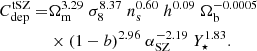 $$ \begin{aligned} C_{\rm dep}^{\mathrm{tSZ} } =&\Omega _{\rm m}^{3.29} \; \sigma _8^{8.37} \; n_{\rm s}^{0.60} \; h^{0.09} \; \Omega _{\rm b}^{-0.0005}\nonumber \\&\times (1-b)^{2.96} \; \alpha _{\rm SZ}^{-2.19} \; Y_\star ^{1.83}. \end{aligned} $$