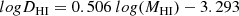 $$ \begin{aligned} log D_{\rm HI} = 0.506\ log(M_{\rm HI})-3.293 \end{aligned} $$