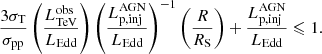 $$ \begin{aligned} \frac{3\sigma _{\rm T}}{\sigma _{\rm pp}}\left(\frac{L^\mathrm{obs}_{\rm TeV}}{L_{\rm Edd}}\right) \left(\frac{ {L}_{\rm p,inj}^\mathrm{AGN}}{L_{\rm Edd}}\right)^{-1}\left(\frac{R}{R_{\rm S}}\right)+\frac{ {L}_{\rm p,inj}^\mathrm{AGN}}{ {L}_{\rm Edd}}\leqslant 1. \end{aligned} $$