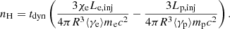 $$ \begin{aligned} n_{\rm H}=t_{\rm dyn}\left(\frac{3\chi _{\rm e}L_{\rm e, inj}}{4\pi R^3\langle \gamma _{\rm e} \rangle m_{\rm e}c^2}-\frac{3L_{\rm p, inj}}{4\pi R^3\langle \gamma _{\rm p} \rangle m_{\rm p}c^2}\right). \end{aligned} $$