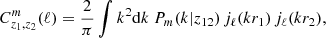 $$ \begin{aligned} C^{m}_{z_{1}, z_{2}}(\ell ) = \dfrac{2}{\pi }\int k^{2}\mathrm{d} k\ P_{m}(k|z_{12}) \, j_{\ell }(kr_{1}) \, j_{\ell }(kr_{2}), \end{aligned} $$