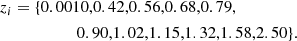 $$ \begin{aligned}&z_i=\{0.0010,0.42,0.56,0.68,0.79,\nonumber \\&\qquad \qquad \qquad 0.90,1.02,1.15,1.32,1.58,2.50\}. \end{aligned} $$