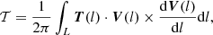 $$ \begin{aligned} \mathcal{T} = \frac{1}{2\pi }\int _L \boldsymbol{T}(l)\cdot \boldsymbol{V}(l) \times \frac{\mathrm{d}\boldsymbol{V}(l)}{\mathrm{d}l} \mathrm{d}l, \end{aligned} $$
