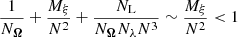 $$ \begin{aligned} \frac{1}{{N_{\boldsymbol{\Omega }}}} + \frac{{M_\xi }}{N^2} + \frac{{N_{\rm L}}}{{N_{\boldsymbol{\Omega }}}{N_{\lambda }}N^3} \sim \frac{{M_\xi }}{N^2} < 1 \end{aligned} $$