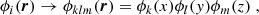 $$ \begin{aligned} \phi _i(\boldsymbol{r}) \rightarrow \phi _{klm}(\boldsymbol{r}) =\phi _k(x)\phi _l(y)\phi _m(z)\;, \end{aligned} $$