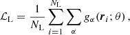 $$ \begin{aligned} \mathcal{L} _{\rm L}=\frac{1}{{N_{\rm L}}}\sum _{i=1}^{{N_{\rm L}}}\sum _{\alpha } g_\alpha (\boldsymbol{r}_i; \theta ) \,, \end{aligned} $$