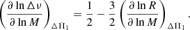 $$ \begin{aligned} \left(\frac{\partial \ln \Delta \nu }{\partial \ln M}\right)_{\Delta \Pi _1} = \frac{1}{2} - \frac{3}{2} \left(\frac{\partial \ln R}{\partial \ln M}\right)_{\Delta \Pi _1}. \end{aligned} $$
