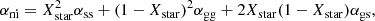 $$ \begin{aligned} \alpha _\mathrm{ni} = X_\mathrm{star} ^2 \alpha _\mathrm{ss} + (1-X_\mathrm{star} )^2 \alpha _\mathrm{gg} + 2 X_\mathrm{star} (1-X_\mathrm{star} ) \alpha _\mathrm{gs} , \end{aligned} $$