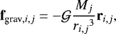 \begin{align*} \textbf{f}_{\textrm{grav},i,j} = - \mathcal{G} \frac{M_j}{{r_{i,j}}^3} \textbf{r}_{i,j},\end{align*}