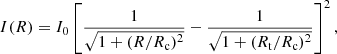 $$ \begin{aligned} I(R) = I_0 \left[\frac{1}{\sqrt{1+(R/R_{\rm c})^2}}-\frac{1}{\sqrt{1+(R_{\rm t}/R_{\rm c})^2}}\right]^2, \end{aligned} $$