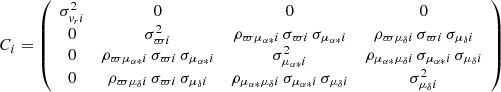 $$ \begin{aligned} C_i = \left( \begin{array}{cccc} \sigma _{{{ v}_r} i}^2&0&0&0\\ 0&\sigma _{\varpi i}^2&\rho _{\varpi \mu _{\alpha *} i}\,\sigma _{\varpi i}\,\sigma _{\mu _{\alpha *} i}&\rho _{\varpi \mu _\delta i}\,\sigma _{\varpi i}\,\sigma _{\mu _\delta i} \\ 0&\rho _{\varpi \mu _{\alpha *} i}\,\sigma _{\varpi i}\,\sigma _{\mu _{\alpha *} i}&\sigma _{\mu _{\alpha *} i}^2&\rho _{\mu _{\alpha *}\mu _\delta i}\,\sigma _{\mu _{\alpha *} i} \,\sigma _{\mu _\delta i} \\ 0&\rho _{\varpi \mu _\delta i}\,\sigma _{\varpi i}\,\sigma _{\mu _\delta i}&\rho _{\mu _{\alpha *}\mu _\delta i}\,\sigma _{\mu _{\alpha *} i} \,\sigma _{\mu _\delta i}&\sigma _{\mu _\delta i}^2\\ \end{array}\right) \end{aligned} $$