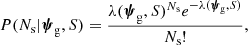 $$ \begin{aligned} { P}(N_{\mathrm{s} }|\boldsymbol{\psi }_\mathrm{g} ,S) = \frac{\lambda (\boldsymbol{\psi }_\mathrm{g} ,S)^{N_{\mathrm{s} }}e^{-\lambda (\boldsymbol{\psi }_\mathrm{g} ,S)}}{N_{\mathrm{s} }!}, \end{aligned} $$