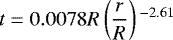 \begin{equation*}t=0.0078R\left(\frac{r}{R}\right){}^{-2.61}\end{equation*}