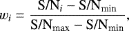 \begin{equation*}w_i = \frac{\textrm{S/N}_{i} - \textrm{S/N}_{\textrm{min}}}{\textrm{S/N}_{\textrm{max}} - \textrm{S/N}_{\textrm{min}}},\end{equation*}