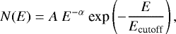 \begin{equation*} N(E) = A~E^{-\alpha}~\textrm{exp}\left(-\frac{E}{E_{\textrm{cutoff}}}\right),\end{equation*}