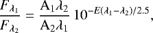 \begin{equation*}\frac{F_{\lambda_{\mathrm{1}}}}{F_{\lambda_{\mathrm{2}}}} = \frac{\mathrm{A_1}\lambda_2}{\mathrm{A_2}\lambda_1}\,10^{-E(\lambda_{\mathrm{1}}-\lambda_{\mathrm{2}})/2.5},\end{equation*}