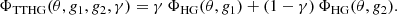 $$ \begin{aligned} \Phi _{\mathrm{TTHG} }(\theta , g_1, g_2, \gamma ) = \gamma \,\Phi _{\mathrm{HG} }(\theta , g_1) + (1-\gamma )\,\Phi _{\mathrm{HG} }(\theta , g_2). \end{aligned} $$
