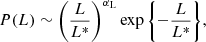 $$ \begin{aligned} P(L) \sim \left(\frac{L}{L^*}\right)^{\alpha _{\rm L}} \exp {\left\{ -\frac{L}{L^*}\right\} }, \end{aligned} $$