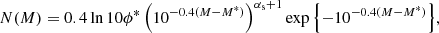 $$ \begin{aligned} N(M) = 0.4\ln {10}\phi ^*\left(10^{-0.4(M - M^*)}\right)^{\alpha _{\rm s}+1} \exp {\left\{ -10^{-0.4(M - M^*)}\right\} }, \end{aligned} $$